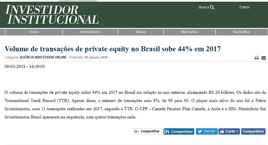 Volume de transaes de private equity no Brasil sobe 44% em 2017